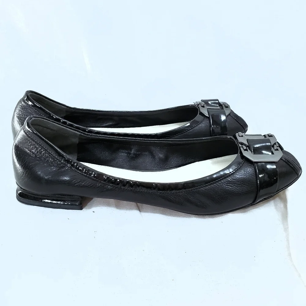 Via Spiga Black Patent Leather Peep Toe Flats